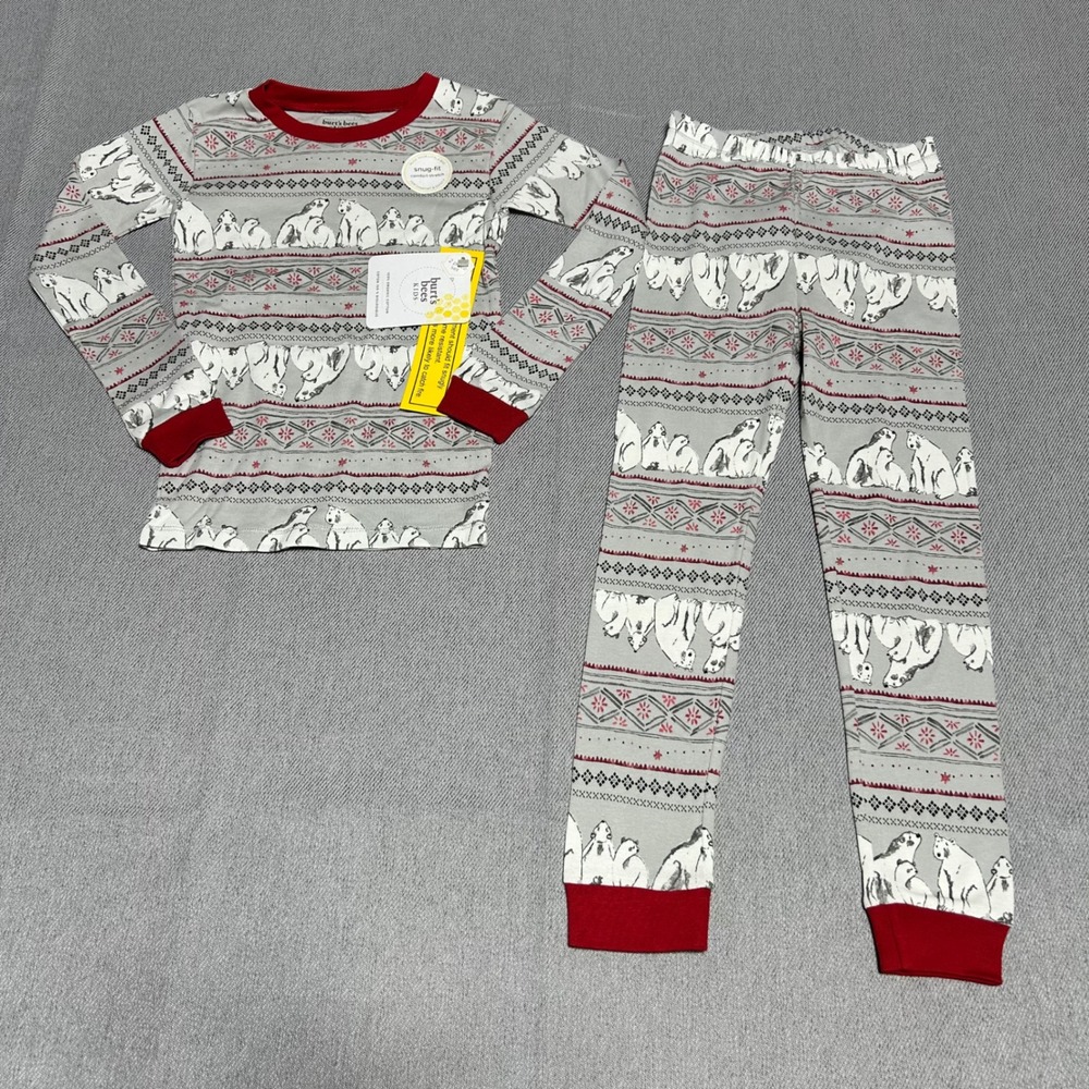 Burt's Bees Kids Polar Bear Pajama Set 6Y Grey Red Organic Cotton PJ Christmas